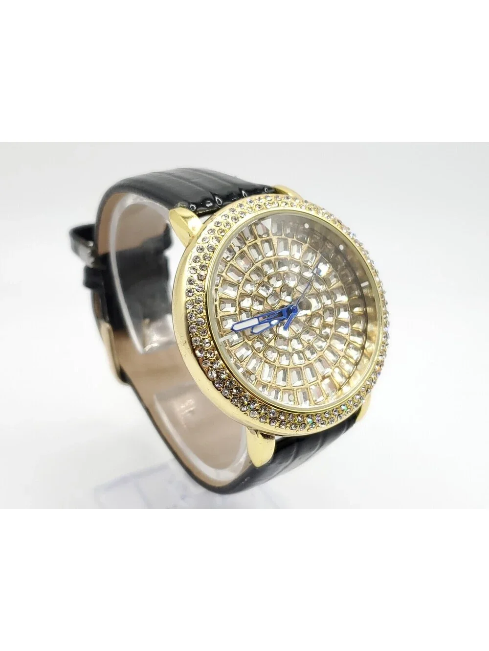 Strada Prisim Gem Quartz Watch Women New Battery Gold Tone Rhinestone Bezel 43mm